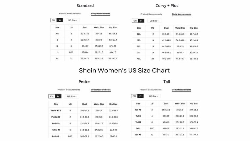 Tabela de tamanhos da Shein